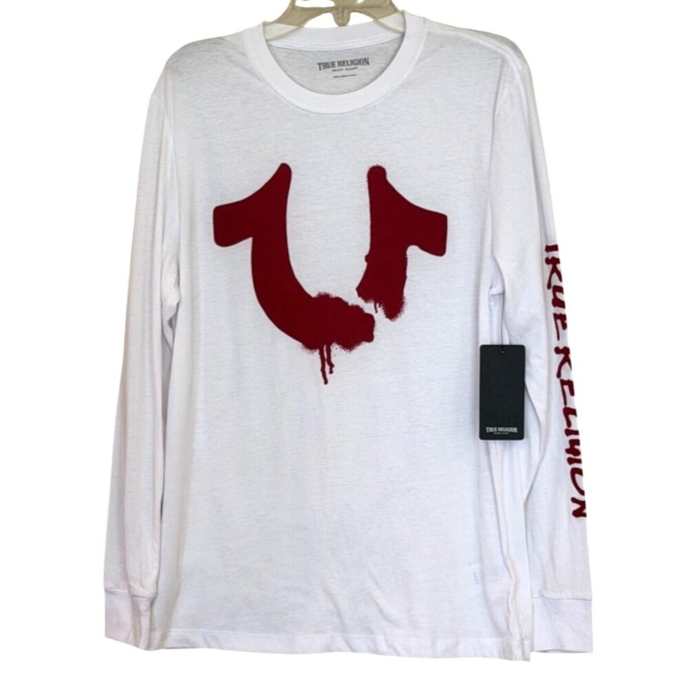 True Religion White Long Sleeve Red Drip Tee Shirt Size Small NWT